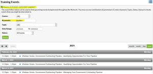 eCenter Training Events search with a keyword and date range filled in